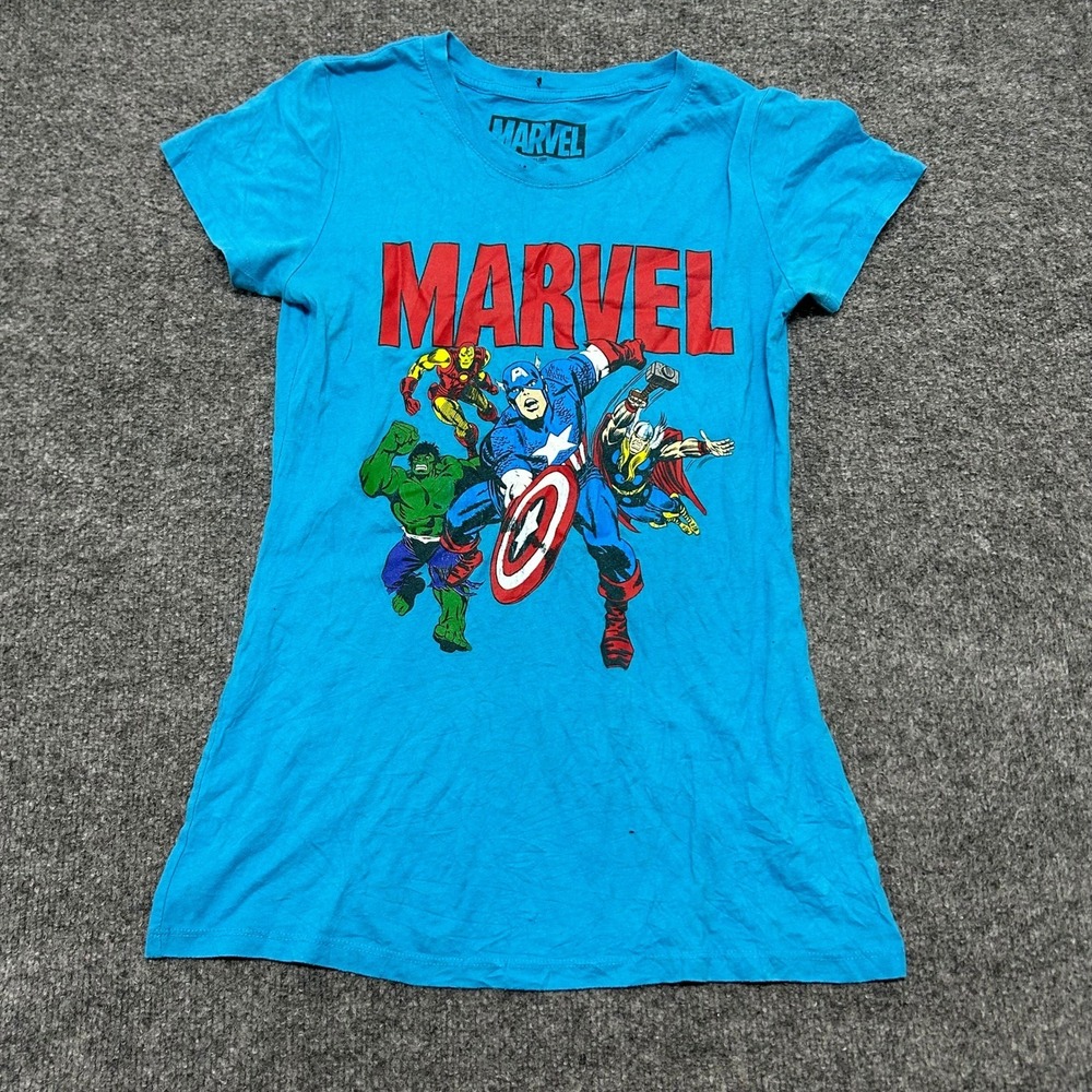 Marvel T-Shirt Womens Size L Blue Avengers Graphic Short Sleeve Crew Neck Tee